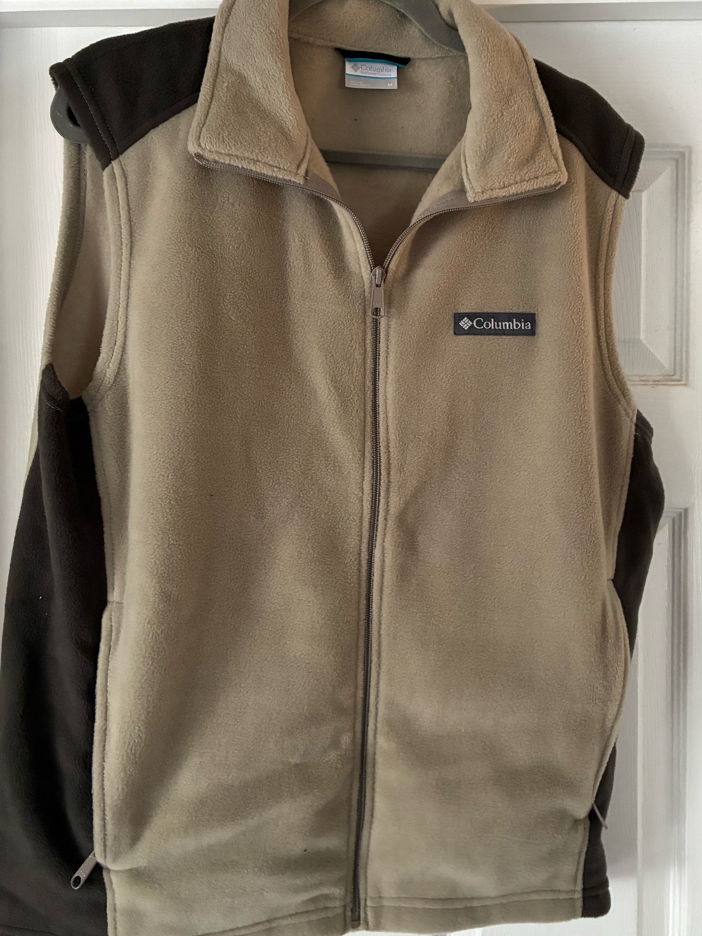 Columbia Men's M Full Zip Fleece Vest Pockets Beige/Black Colorblock